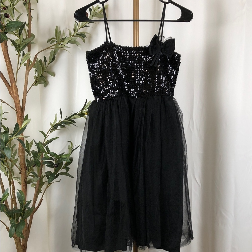 Black Sequin Dress with Bow and Chiffon Overlay (K1)